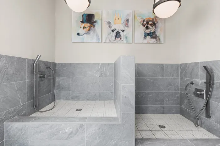 Elegant apartment showcasing a modern bathroom, spacious walk-in closet with organized shelving, and view into a serene bedroom with large windows.