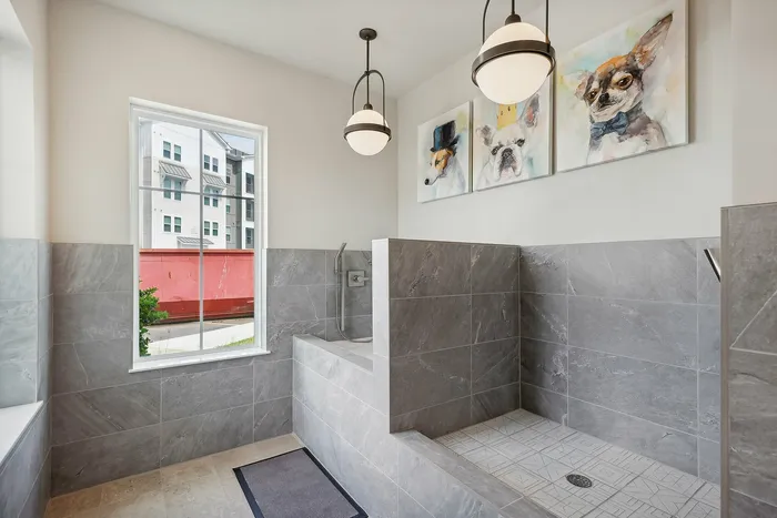 Elegant pet-washing station featuring sleek gray tiles, modern lighting, and charming dog artwork for a luxurious apartment amenity.