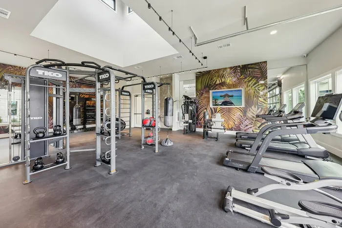 Modern fitness center with state-of-the-art gym equipment, vibrant decor, and natural lighting.