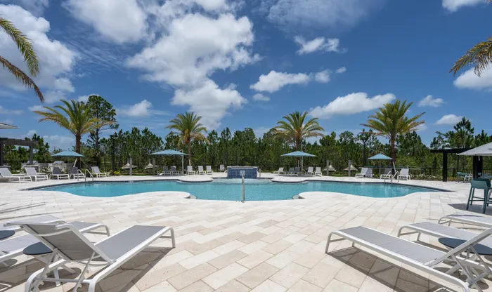 Luxurious resort-style swimming pool surrounded by palm trees and sleek lounge chairs, offering a perfect escape under a vibrant blue sky.
