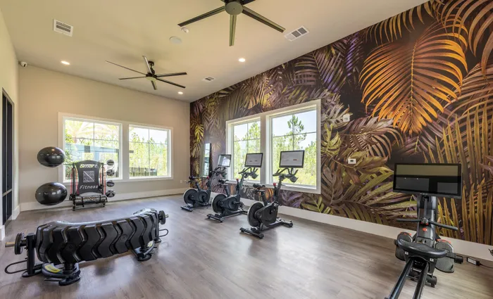 Contemporary fitness room with state-of-the-art equipment, vibrant tropical wall design, and abundant natural light.