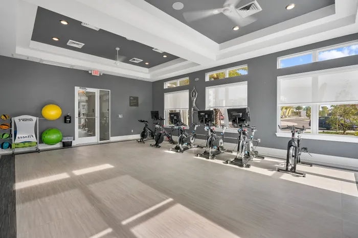 Modern fitness room with sleek exercise bikes and vibrant yoga balls, flooded with natural light from large windows.