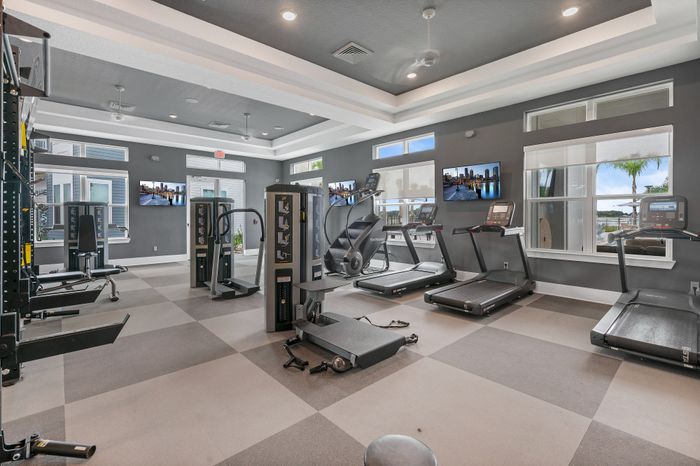 Modern gym facility with state-of-the-art treadmills, workout machines, and bright natural lighting.