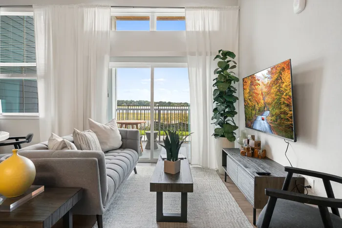 Bright and modern living room with sleek furniture, large TV, and expansive windows offering stunning natural views.