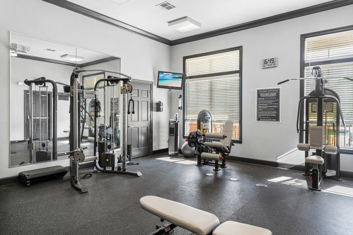 Modern fitness center featuring high-end gym equipment, sleek interiors, and large windows for natural light.