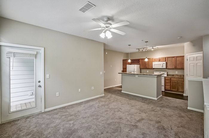 Bright and inviting open-plan apartment with a cozy carpeted living area and a modern kitchen featuring wooden cabinetry and stylish lighting.