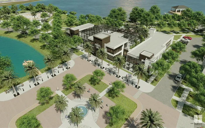 Luxurious architecture amidst lush greenery with waterfront views, featuring a modern building and scenic pathways near a tranquil pond.