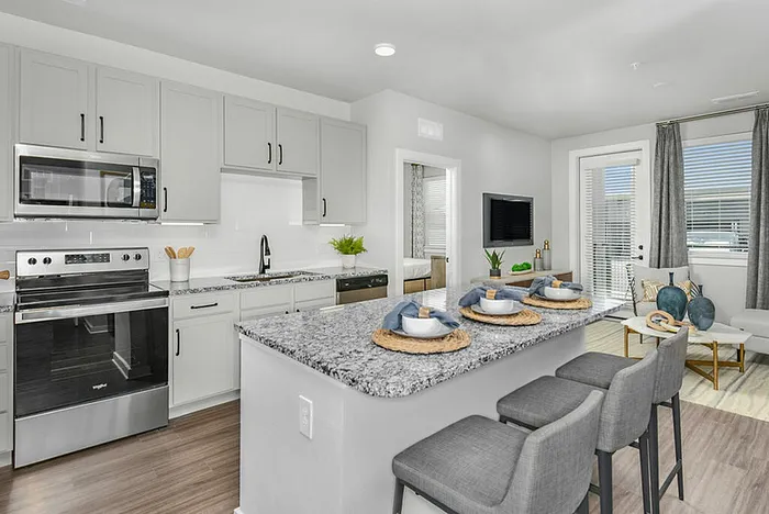 Modern kitchen and cozy living area with sleek appliances, elegant granite countertops, and stylish seating for a welcoming atmosphere.