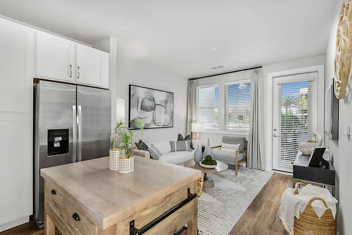Modern open-concept living area with natural light, featuring a sleek kitchen island, stainless steel appliances, and cozy seating area.