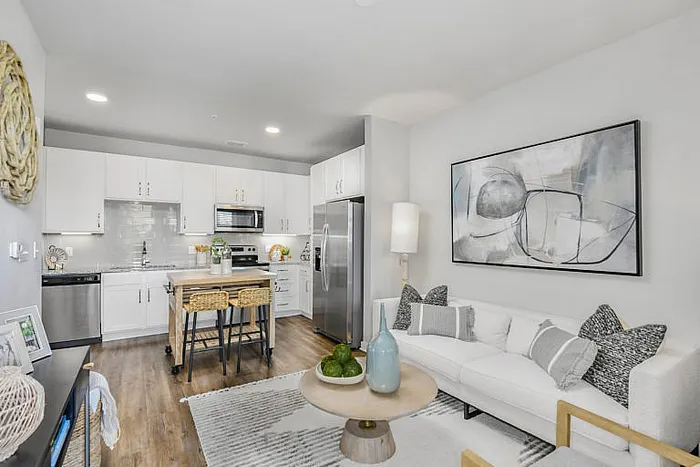 Modern open-concept living space featuring a stylish kitchen with white cabinetry and stainless steel appliances, cozy living area, and chic decor.