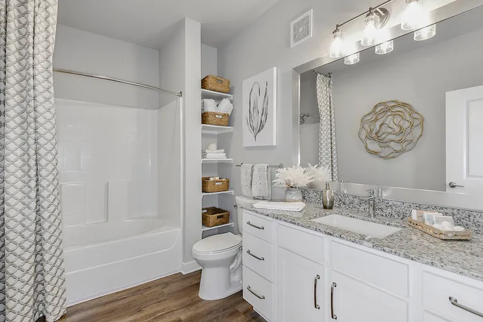 Elegant bathroom with granite countertop, modern fixtures, and decorative accents creating a serene oasis.