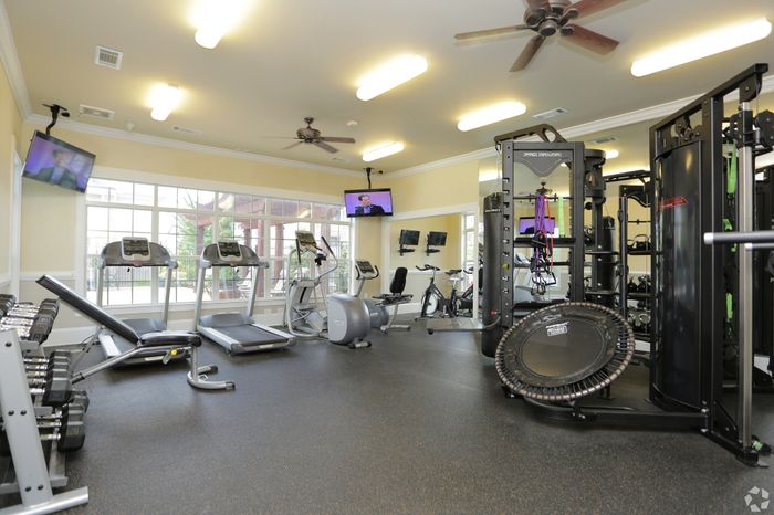 Modern fitness center with state-of-the-art equipment, large windows, and ample lighting for an optimal workout experience.