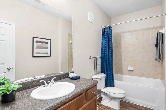 Modern bathroom featuring elegant vanity, sleek countertop, and a luxurious bathtub with blue curtain.
