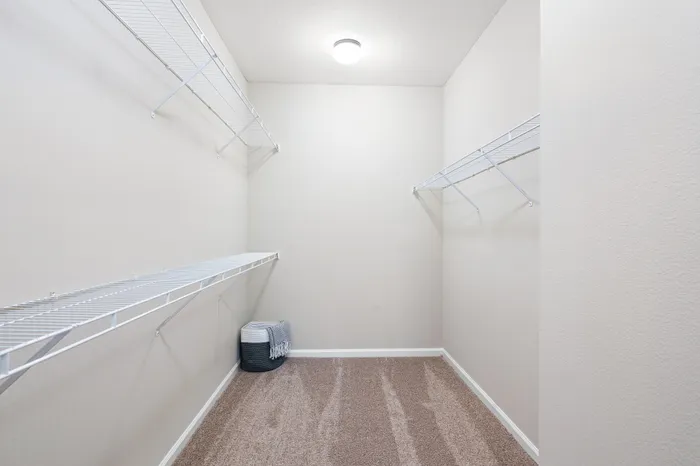 Spacious walk-in closet with organized wire shelving and plush carpet, offering ample storage space and style.