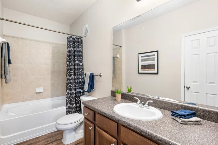 Bright and modern bathroom featuring sleek countertops, a stylish shower curtain, and elegant lighting, ideal for relaxation.
