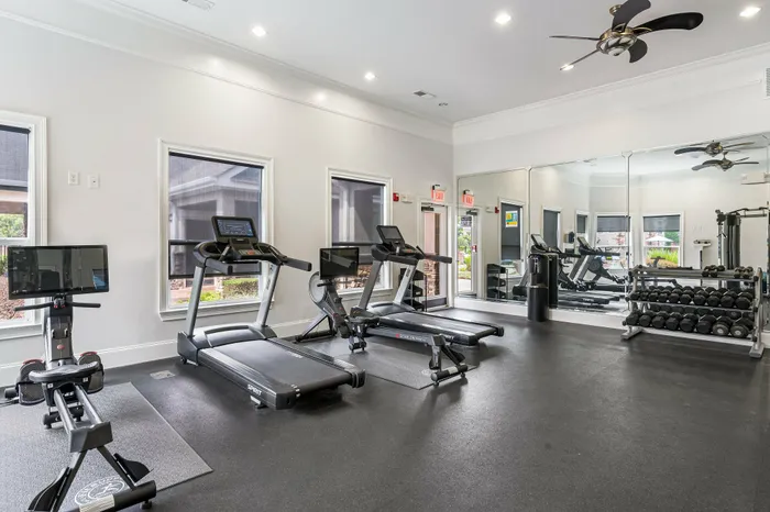 Modern fitness center with state-of-the-art treadmills, stationary bike, and free weights, complemented by large windows and wall mirrors for an inviting workout environment.