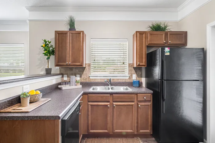 Modern kitchen with elegant dark countertops, rich wooden cabinets, and a sleek black refrigerator, brightened by natural light and lush green plants.
