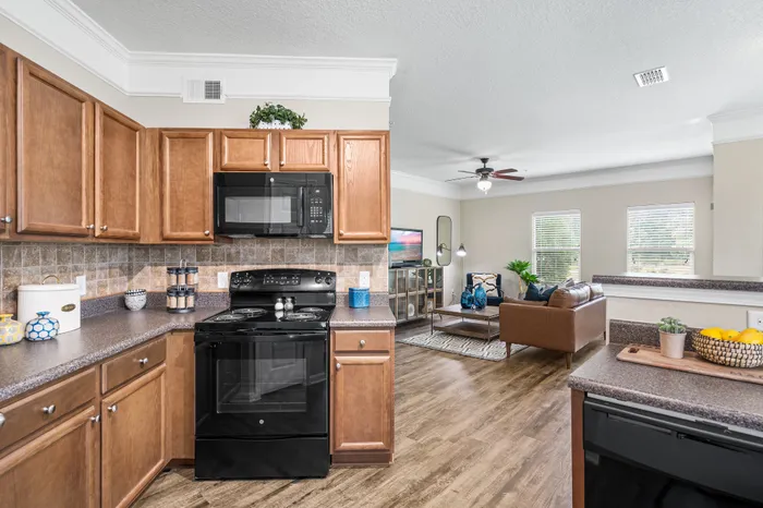 Contemporary open-concept kitchen and living area with warm wood cabinetry, sleek black appliances, and stylish furnishings, creating a cozy and inviting home environment.