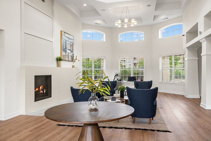 Spacious and elegant living room featuring large windows, high ceilings, and a cozy fireplace with modern decor.