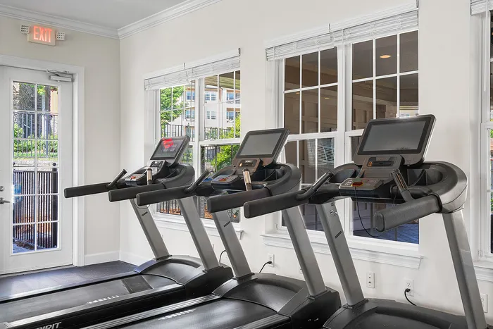 Bright fitness room with three advanced treadmills and large windows offering a refreshing outdoor view.