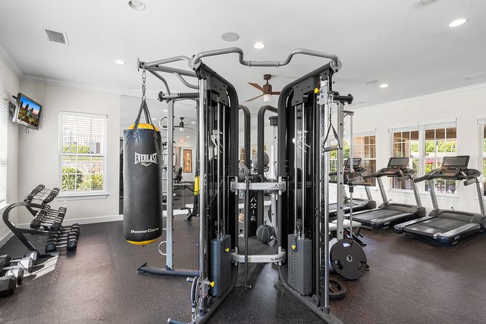 Modern fitness center with state-of-the-art equipment including treadmills, weight machines, and a punching bag, offering a bright and inviting workout space.