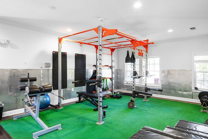 Modern residential gym with vibrant green flooring, versatile equipment, and bright windows offering an energizing workout space.
