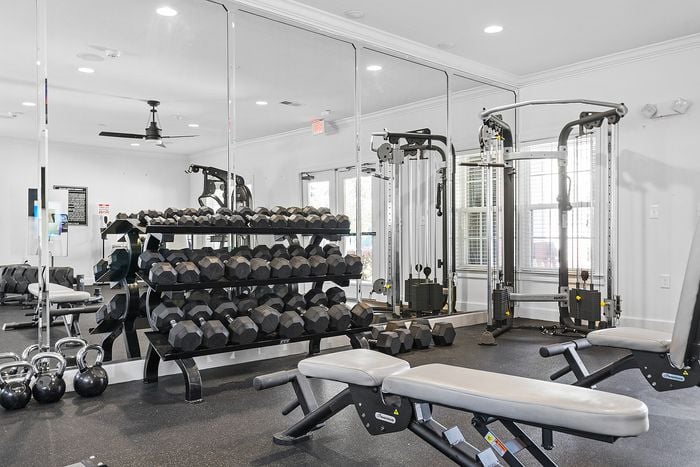 Modern fitness center with a variety of weights, exercise machines, and sleek design.