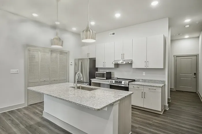 Modern kitchen with sleek granite countertops, stainless steel appliances, and elegant pendant lighting.