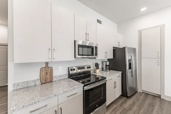 Modern kitchen with sleek stainless steel appliances, granite countertops, and elegant cabinetry, perfect for culinary creativity.