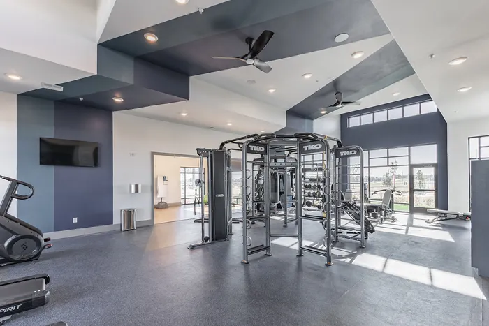 Spacious and modern gym with state-of-the-art equipment, high ceilings, and natural light streaming through large windows.