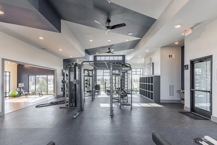 Modern, spacious gym with state-of-the-art fitness equipment, sleek design, and abundant natural light.
