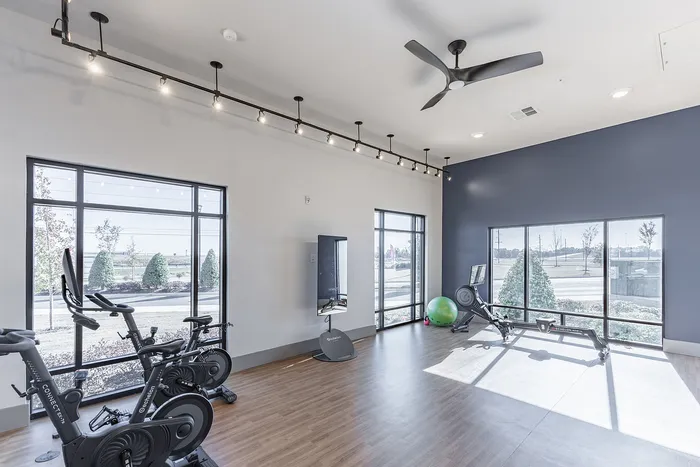 Bright and modern gym with state-of-the-art exercise bikes, rowing machines, and large windows offering a scenic outdoor view.