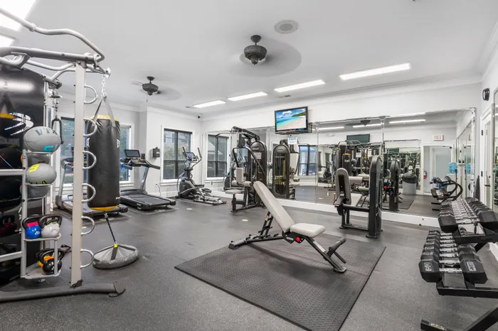 Modern fitness center featuring state-of-the-art equipment, including treadmills, weight machines, and free weights.