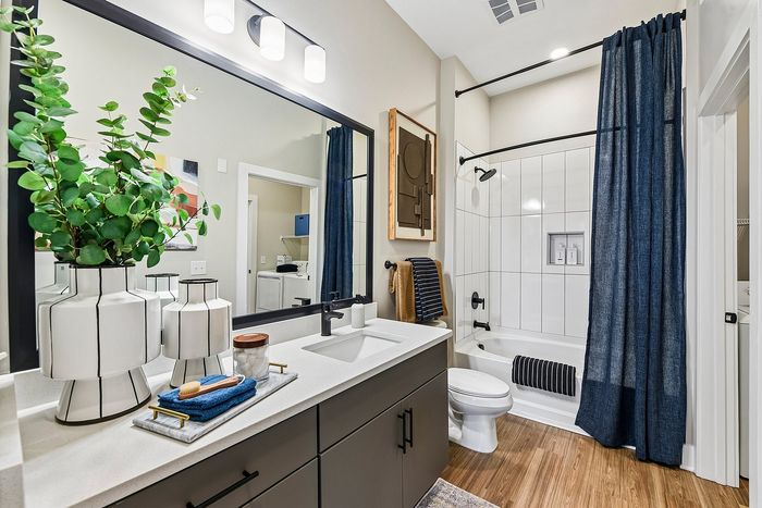 Contemporary bathroom with sleek grey cabinets, elegant white countertop, and vibrant greenery for a refreshing ambiance.