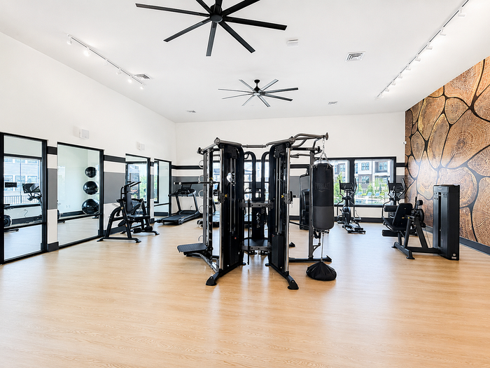 Bright and modern fitness center with state-of-the-art equipment, spacious layout, and stylish decor for a premium workout experience.
