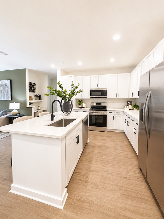 Modern open-concept kitchen with elegant white cabinetry, sleek stainless steel appliances, and a spacious island ideal for entertaining.