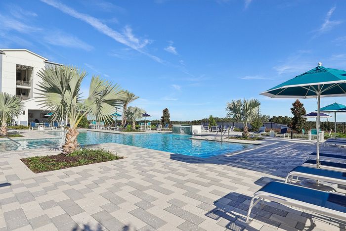 Luxurious outdoor swimming pool area with sun loungers, palm trees, and blue skies, ideal for relaxation and leisure.
