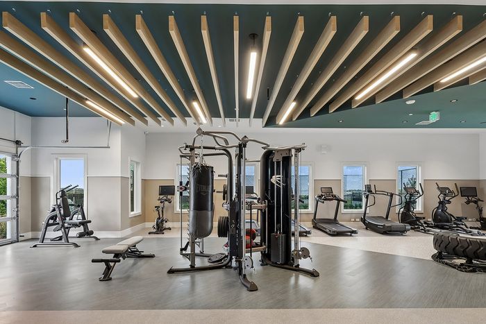 Modern fitness center with state-of-the-art equipment, sleek lighting, and bright natural light creating an inviting workout space.