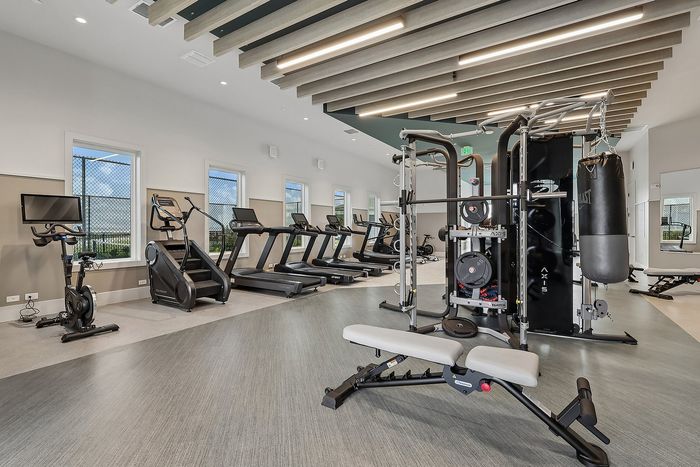 State-of-the-art fitness center featuring modern exercise equipment including treadmills, bikes, and a versatile weight station in a bright, spacious environment.