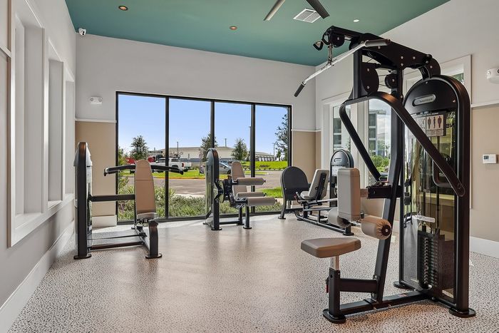 Modern fitness center with state-of-the-art gym equipment and floor-to-ceiling windows offering scenic outdoor views.