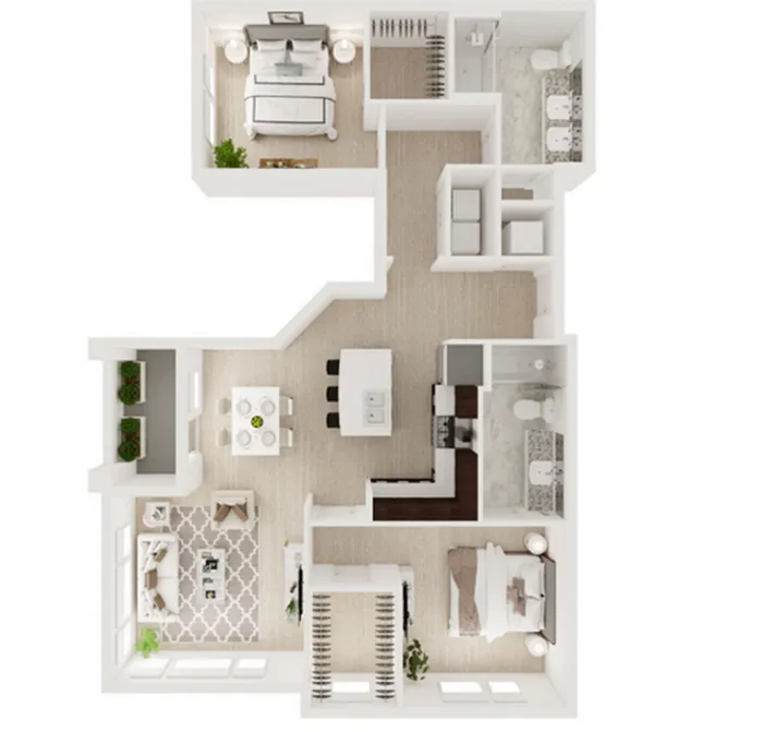 Contemporary 2D floor plan showcasing 2 bedrooms, modern open-concept living and dining area, and sleek kitchen design.