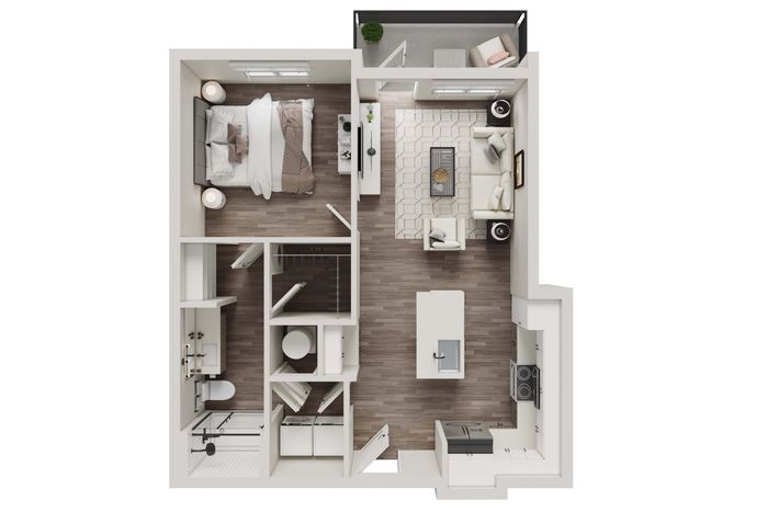 Chic, open-concept apartment floor plan with a spacious bedroom, elegant living area, modern kitchen, and stylish balcony.