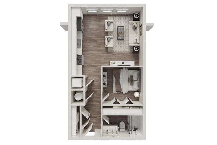 Modern 1-bedroom apartment floor plan featuring a cozy living room, sleek kitchen, and a stylish bathroom.