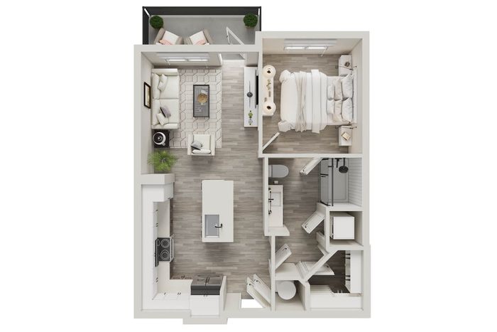 Modern 1-bedroom apartment floor plan featuring an open-concept living area, sleek kitchen with island, elegant bedroom, stylish bathroom, and cozy balcony.