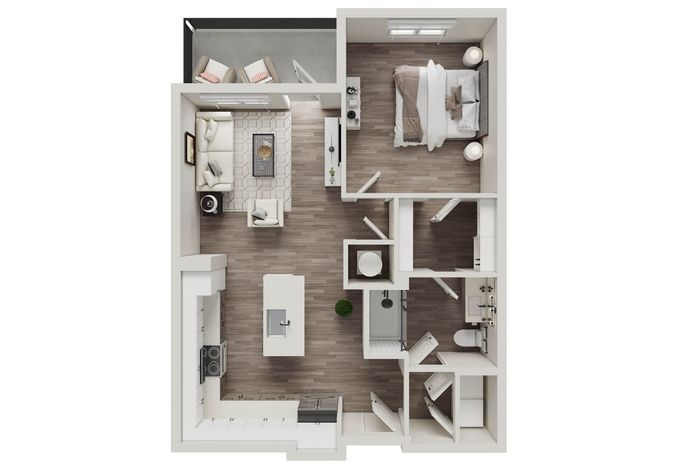Contemporary open-concept floor plan featuring a cozy bedroom, modern kitchen island, inviting living area, chic bathroom, and a private balcony.