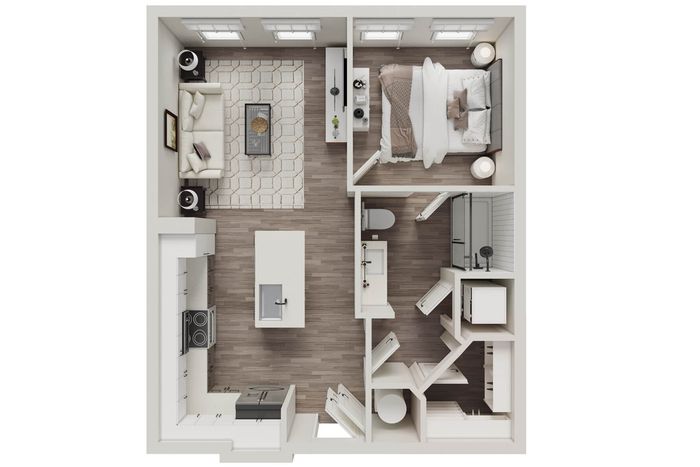Chic 1-bedroom apartment floor plan featuring an open-concept kitchen, cozy living room, and modern bathroom.