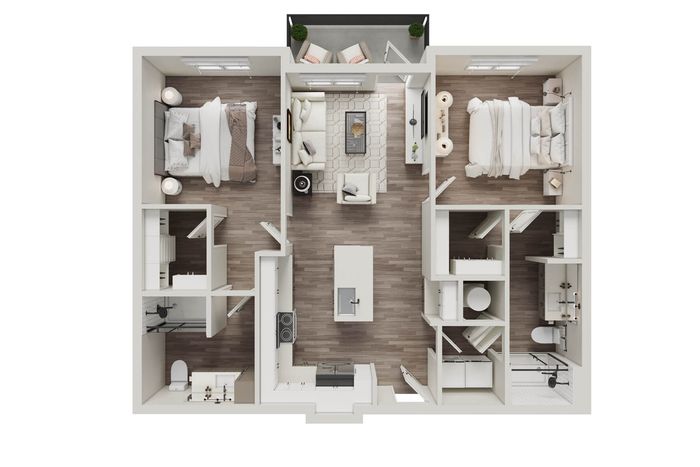 Elegant 3D floor plan showcasing two cozy bedrooms, a modern open-concept kitchen, and a welcoming living room with balcony access.