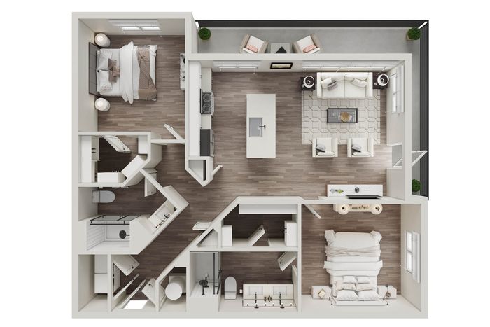 Modern 2D floor plan featuring two bedrooms, a stylish living area, open kitchen, and private balcony.