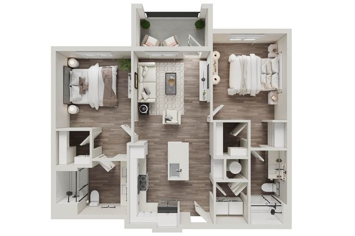 Chic floor plan showcasing 2 modern bedrooms, open living area with balcony, and sleek kitchen design.