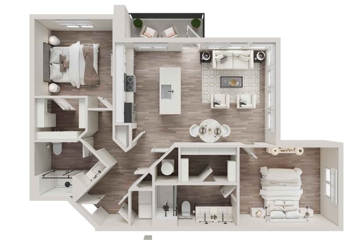 Modern open-concept floor plan featuring a spacious kitchen with island, cozy living room, two bedrooms, and two bathrooms. Includes a charming balcony for outdoor relaxation.